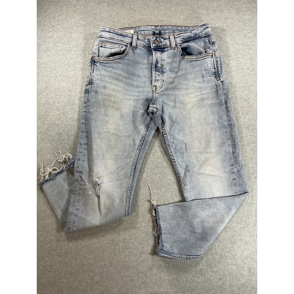 Zara Light Wash Distressed Raw Hem Slim Straight Jeans Size 34 USA 44 EUR 2218
